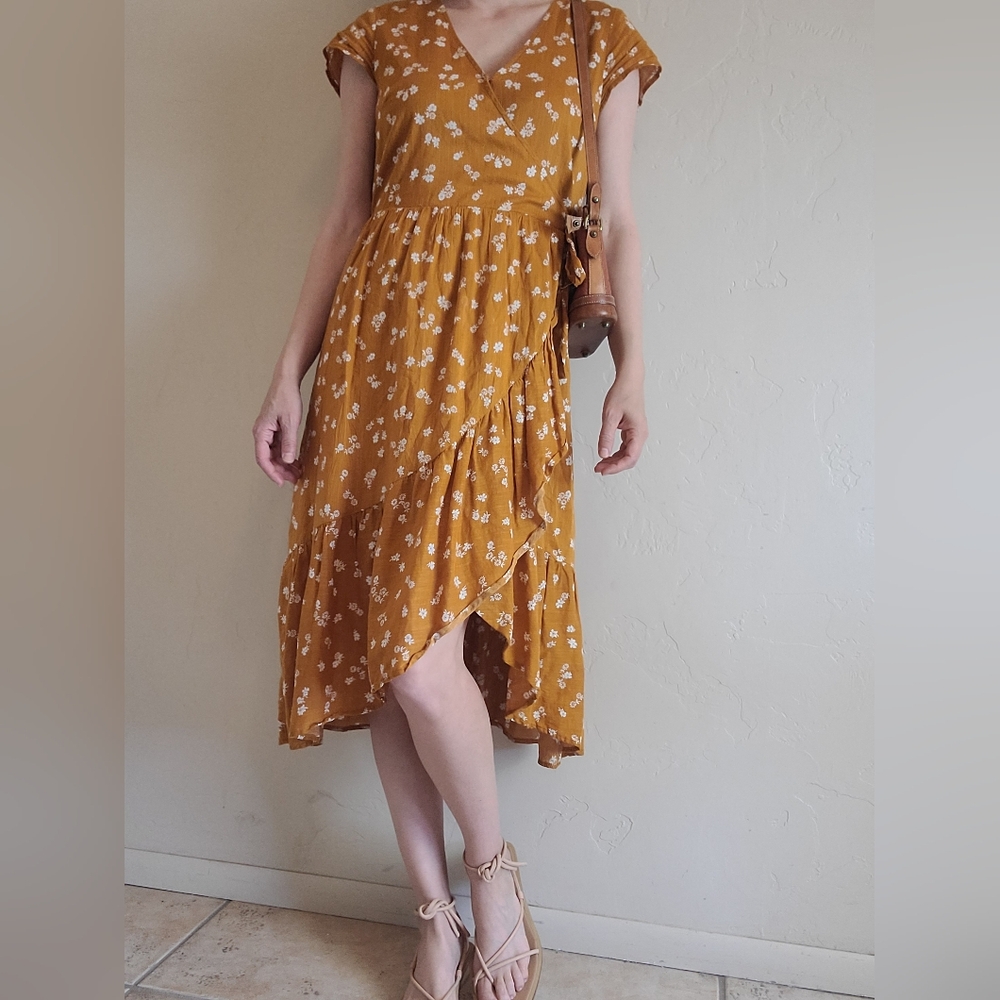 Waist-Defined Faux-Wrap Mustard Yellow Floral Midi Dress Women Old Navy Size Xs